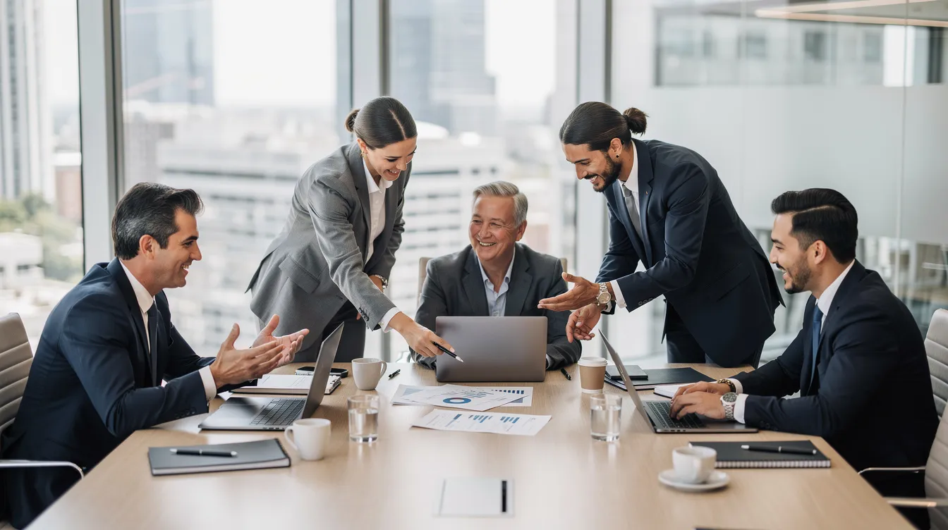 A diverse professional team of tax preparers collaborates around a conference table, equipped with laptops and various documents related to tax preparation. They are engaged in discussions about tax laws and regulations, showcasing their commitment to providing comprehensive support during tax season.