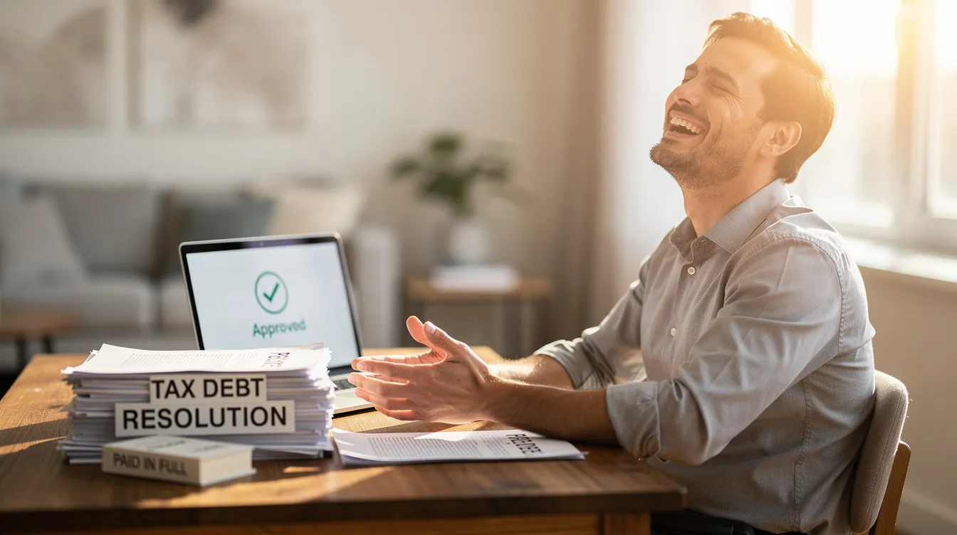 The image depicts a joyful person celebrating their successful resolution of tax debt, symbolizing relief from financial hardship. This moment reflects the positive outcome of engaging with a tax relief company, showcasing the potential benefits of tax debt relief programs for individuals facing IRS tax challenges.