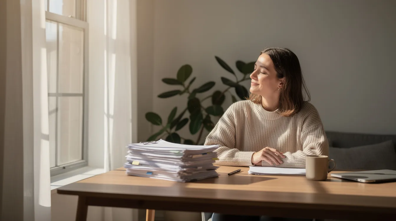 A calm person gazes out of a window, reflecting on their organized financial paperwork, which includes tax returns and bills, as they contemplate their financial situation and potential tax debt relief options. This moment signifies a step towards achieving financial freedom after dealing with tax liabilities and the stress of owing money.
