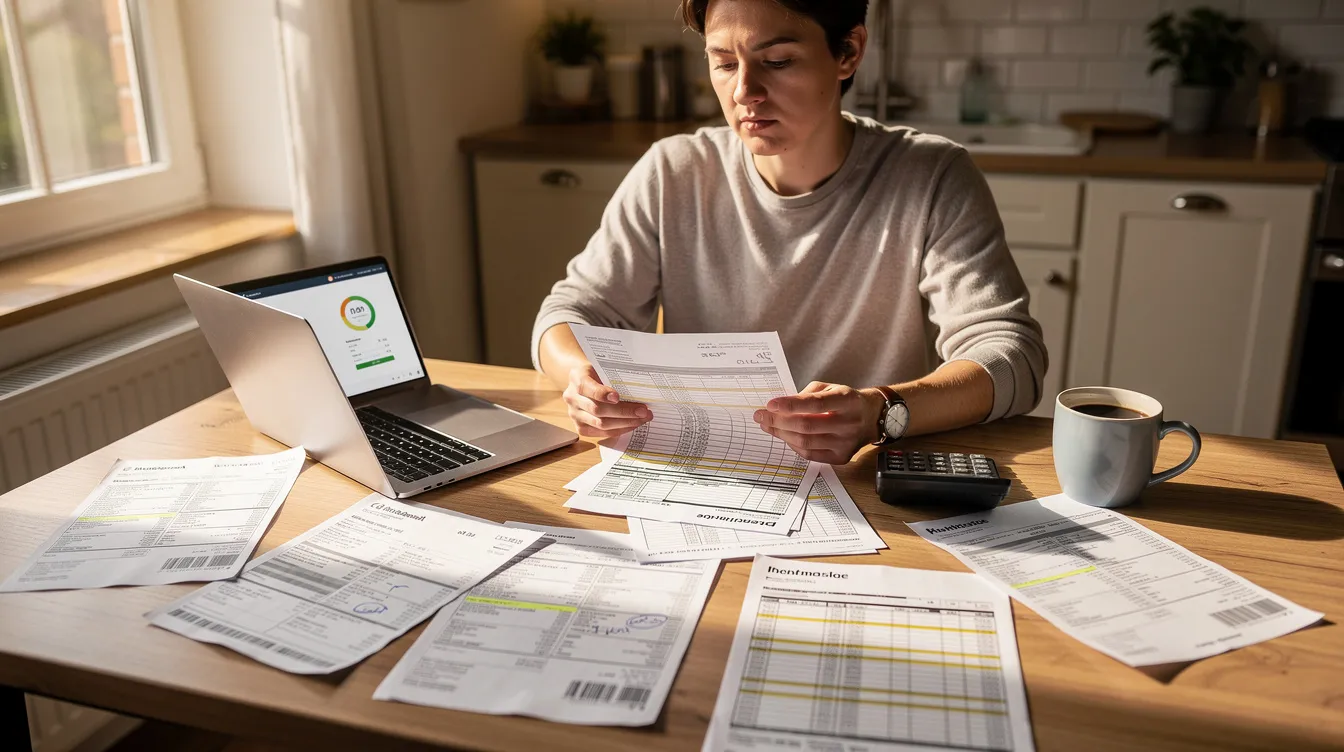 A person is seated at a kitchen table, reviewing financial documents related to their tax obligations, including tax returns and potential tax liabilities. The scene conveys a sense of focus on managing their tax burden and understanding the implications of their taxable income.