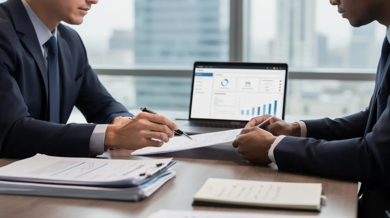 A professional advisor is seated at a table, reviewing tax documents with a client, discussing options for tax debt relief and payment plans. The advisor appears focused, guiding the client through their financial situation and potential strategies to settle their outstanding tax debt.