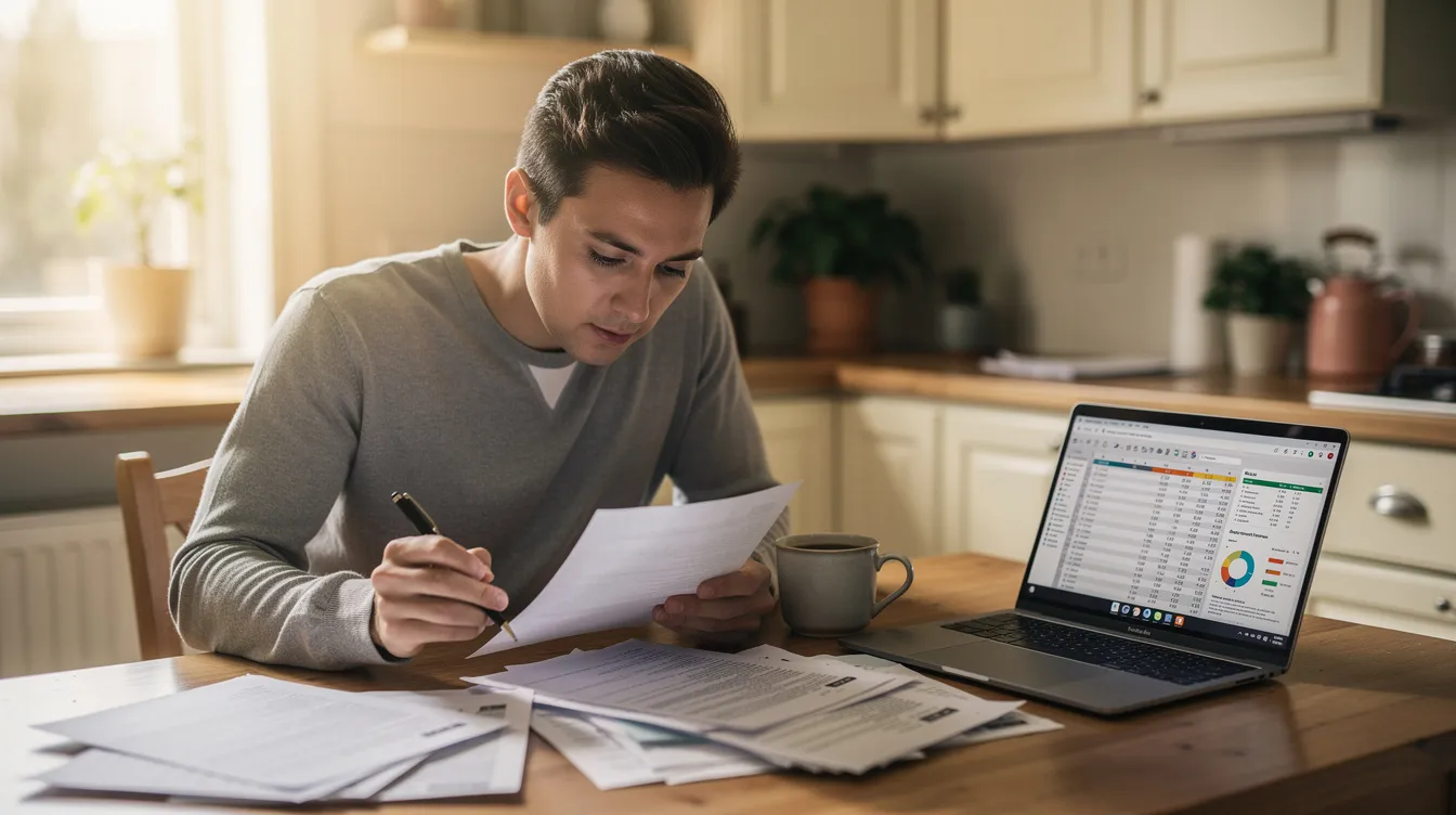 A person is sitting at a kitchen table, reviewing financial papers and tax records, with a laptop open nearby. This scene reflects the process of resolving tax debt, as they assess their tax liability and consider payment options for their IRS payment plan.