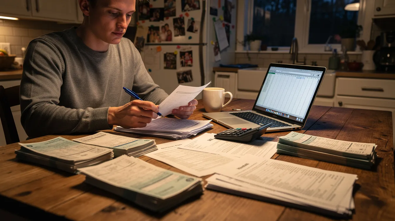 A person is seated at a kitchen table, surrounded by various household financial papers, as they review their tax returns and documents related to unpaid taxes and tax liabilities. The scene conveys a sense of diligence in managing finances and preparing for potential payments or agreements with the IRS.