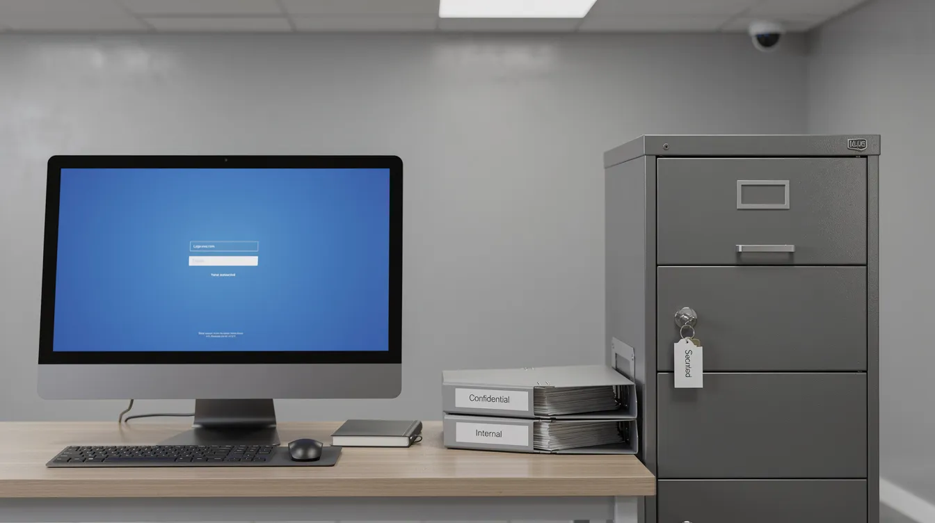 The image depicts a secure office workspace featuring a computer, neatly organized folders, and a locked file cabinet, ideal for tax preparers and professionals preparing tax returns. This environment emphasizes confidentiality and organization, essential for handling sensitive income tax situations and adhering to tax regulations.