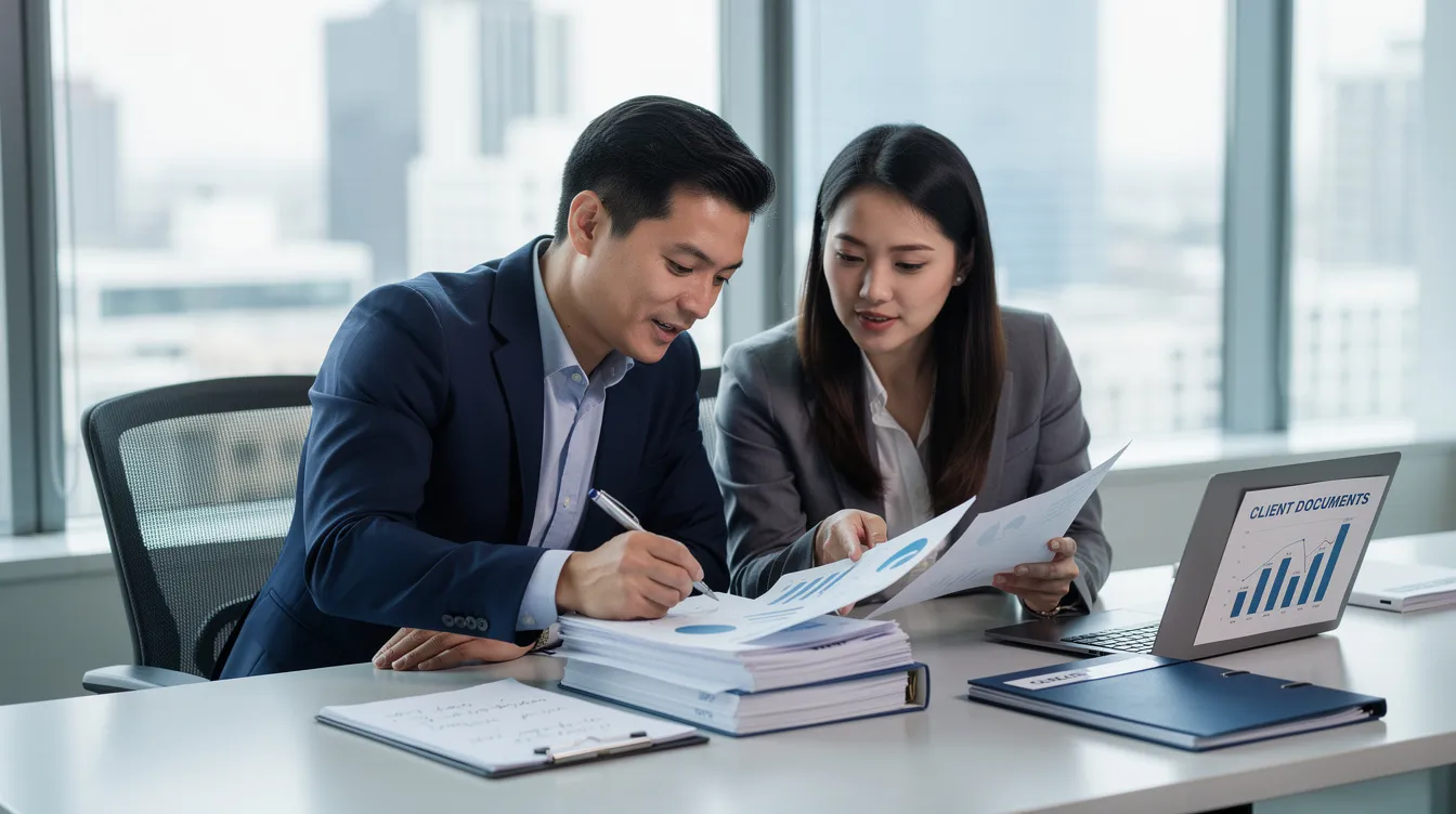 A professional is seated at a desk in an office, reviewing documents with a client, likely discussing options for managing tax debt. The atmosphere is focused and collaborative, suggesting they are exploring tax relief programs or payment plans to address the client's financial situation.