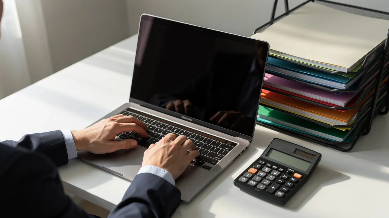 A close-up view of hands typing on a laptop, surrounded by organized folders and a calculator, suggests a focus on managing tax records and resolving tax debt. This scene may represent a taxpayer reviewing their tax return or planning a payment strategy for any owed taxes.