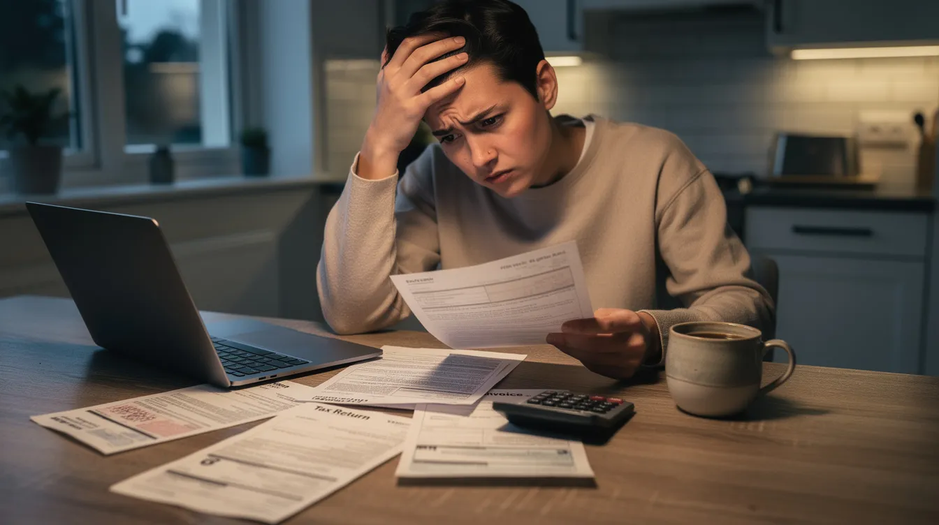 A concerned individual sits at a kitchen table, surrounded by tax papers, as they review their tax return and contemplate the implications of their tax issues. The scene highlights the importance of seeking legal help from a tax attorney to navigate potential tax debt and IRS disputes.