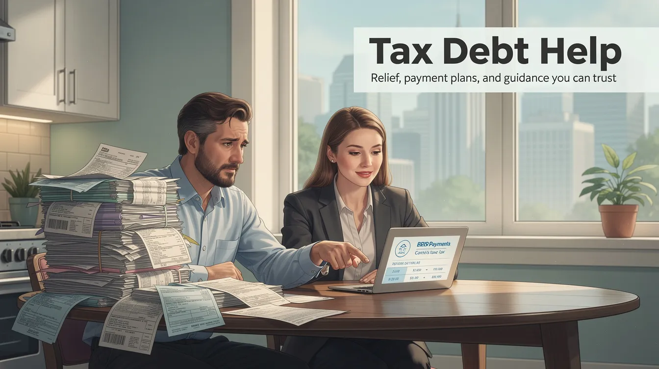 The image depicts a person sitting at a desk, looking concerned while reviewing a stack of tax documents, symbolizing the stress of dealing with tax debt and financial hardship. Various papers are labeled with terms like "tax bill" and "payment plan," illustrating the complexities of seeking tax debt relief options from the IRS.