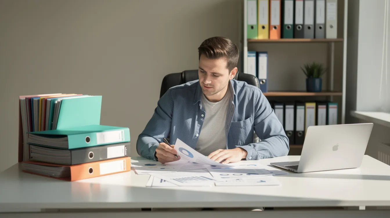 A small business owner is sitting at a desk in an office, reviewing various documents and folders alongside a laptop. The scene suggests the owner is focused on understanding their tax liability, possibly related to resolving tax debt or preparing for an upcoming tax return.