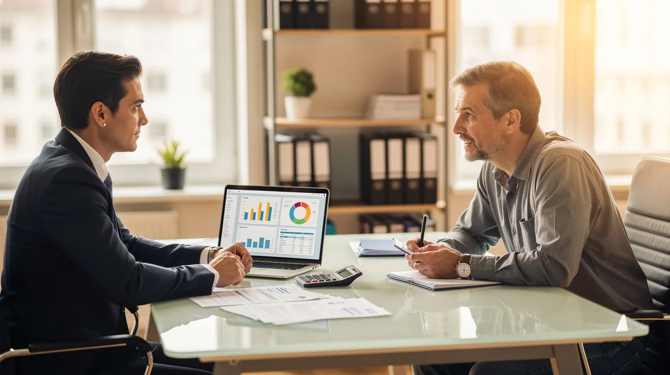 A tax professional is engaged in a discussion with a small business owner, addressing the owner's tax situation and exploring options for tax debt relief. They are likely discussing payment plans and potential solutions to resolve issues related to unpaid taxes and tax liabilities.