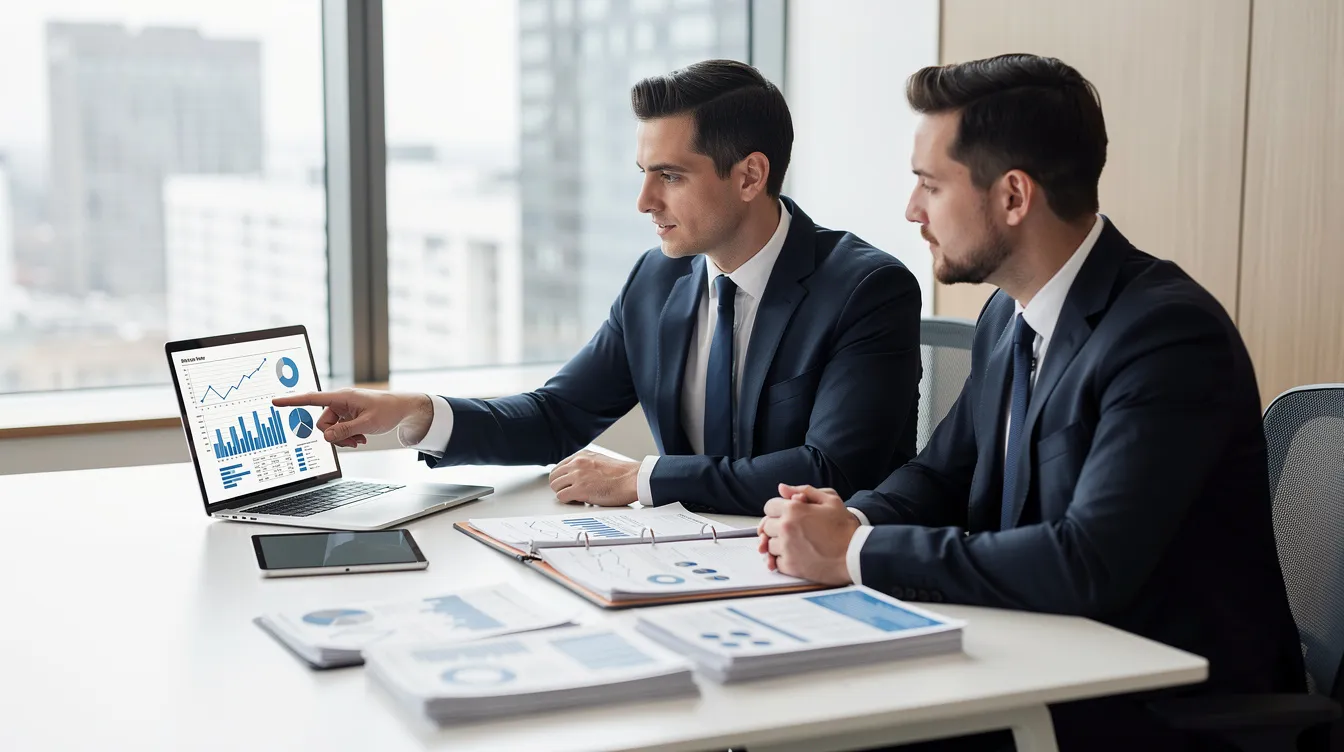 A tax professional is seated at a desk in an office, reviewing financial records with a client, discussing options for penalty relief and tax obligations. The atmosphere is focused and professional, highlighting the importance of understanding tax liabilities and potential penalty abatement programs.