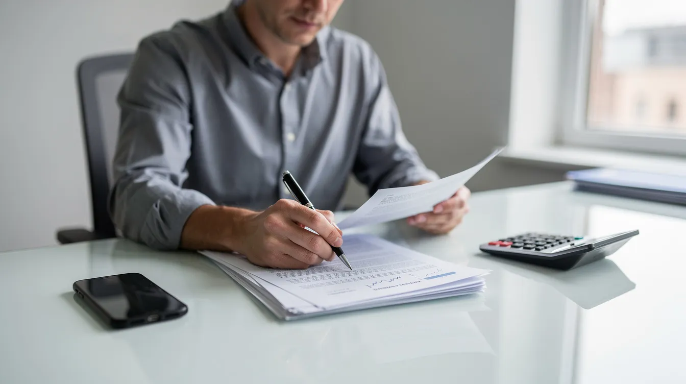 A person is intently reviewing paperwork related to their tax situation, with a phone and calculator nearby, suggesting they may be seeking assistance from tax resolution specialists or tax relief companies to address their tax debt and payment plan options.
