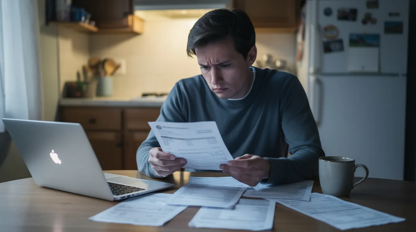 A concerned individual sits at a kitchen table, surrounded by financial papers, reviewing their tax bills and documents related to their tax debt. The atmosphere reflects their financial hardship as they contemplate options for tax debt relief and payment plans to manage their tax liability.
