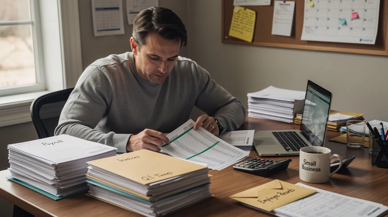 A small business owner is seated at a desk, surrounded by stacks of payroll and tax paperwork, using a pen to organize documents related to their tax obligations and potential penalty relief options. The scene captures the focus and diligence required to manage tax liabilities and ensure compliance with tax law.