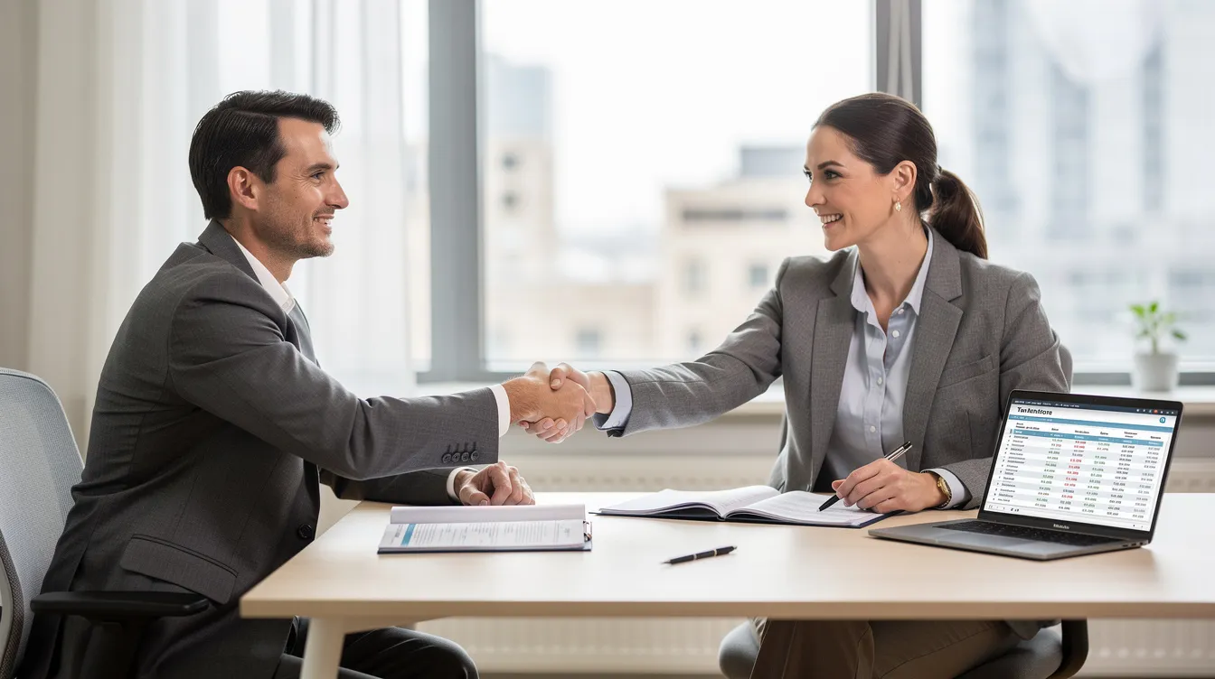 A calm client is shaking hands with a licensed tax professional, symbolizing the beginning of a partnership to resolve tax issues such as tax debt and IRS penalties. This moment signifies the importance of seeking expert guidance in navigating complex tax situations and achieving financial relief.