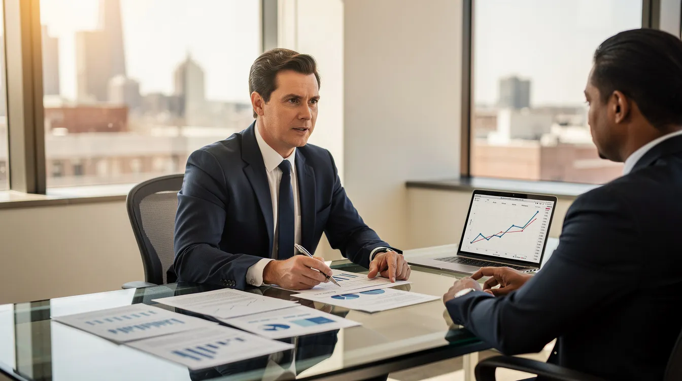 A tax professional is seated across from a client, reviewing financial documents related to their tax situation. The atmosphere is focused, as they discuss potential tax relief options and strategies to resolve issues like unpaid taxes and tax debt.