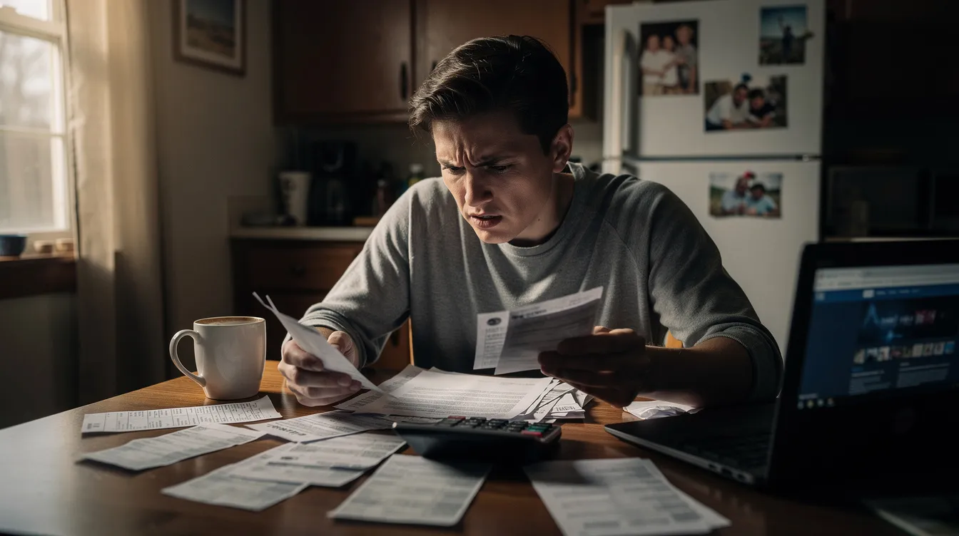 A worried person sits at a kitchen table, surrounded by financial papers, as they review their tax bills and consider options for tax debt relief. The scene reflects their serious financial hardship and the stress of managing unpaid taxes, highlighting the importance of seeking help from a qualified tax professional.