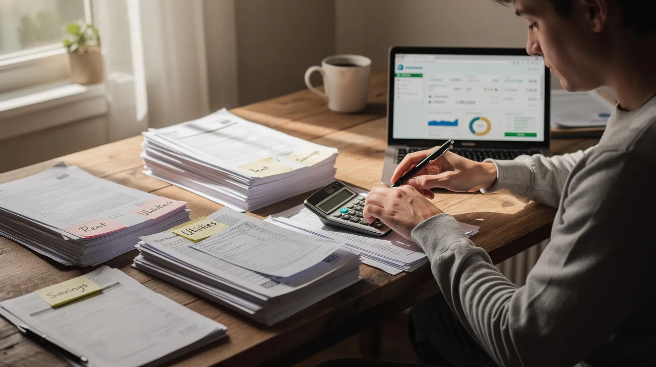 A person is sitting at a desk, carefully organizing a stack of bank statements and bills, which may include important documents related to their tax debt and financial situation. The scene suggests a focus on managing finances and preparing for potential payment options, such as installment agreements or tax relief programs.