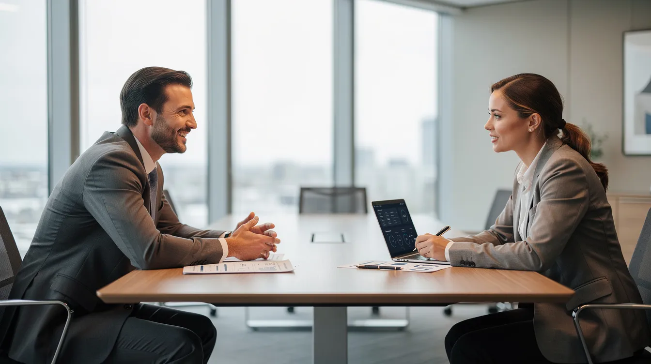 In a professional office setting, a tax professional is engaged in a meeting with a client, discussing their tax situation and potential solutions for resolving tax debt, including payment plans and options for IRS tax relief. The atmosphere is focused and collaborative, emphasizing the importance of navigating tax issues effectively.