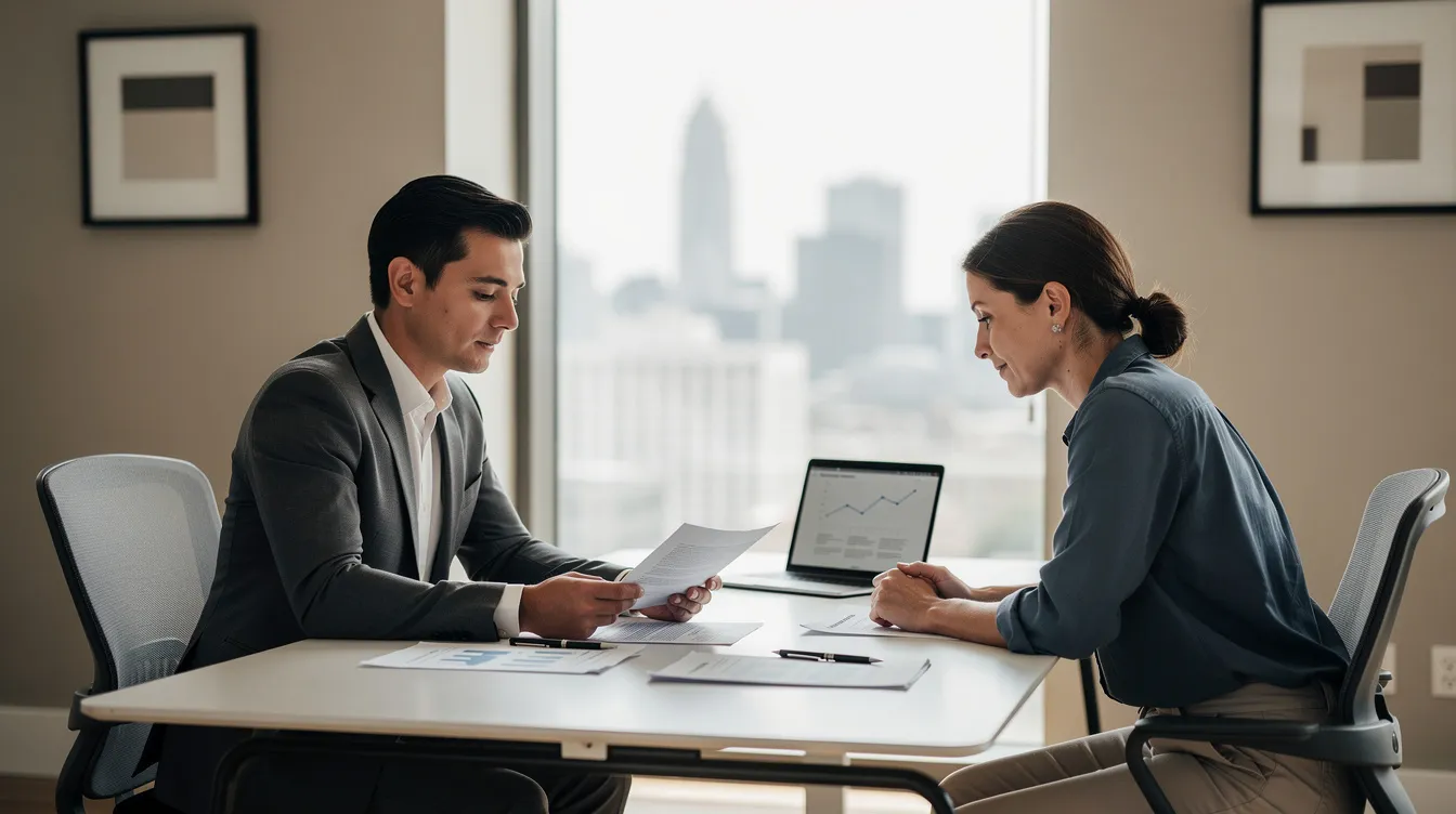A professional is seated at a desk in an office, reviewing tax documents with a client, who appears concerned about their financial situation and tax debt. The setting conveys a sense of collaboration as they discuss possible tax debt relief options and payment plans to resolve outstanding tax liabilities.