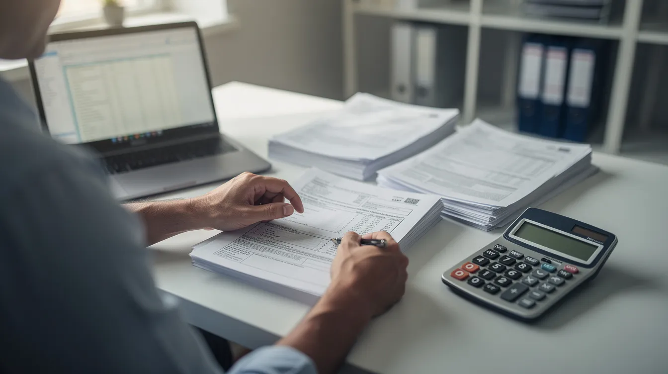 A person is sitting at a desk, intently reviewing tax documents with a calculator and a laptop open in front of them. This scene reflects the complexities of managing tax obligations, including potential penalty relief options for tax debt and the importance of seeking advice from a tax professional.
