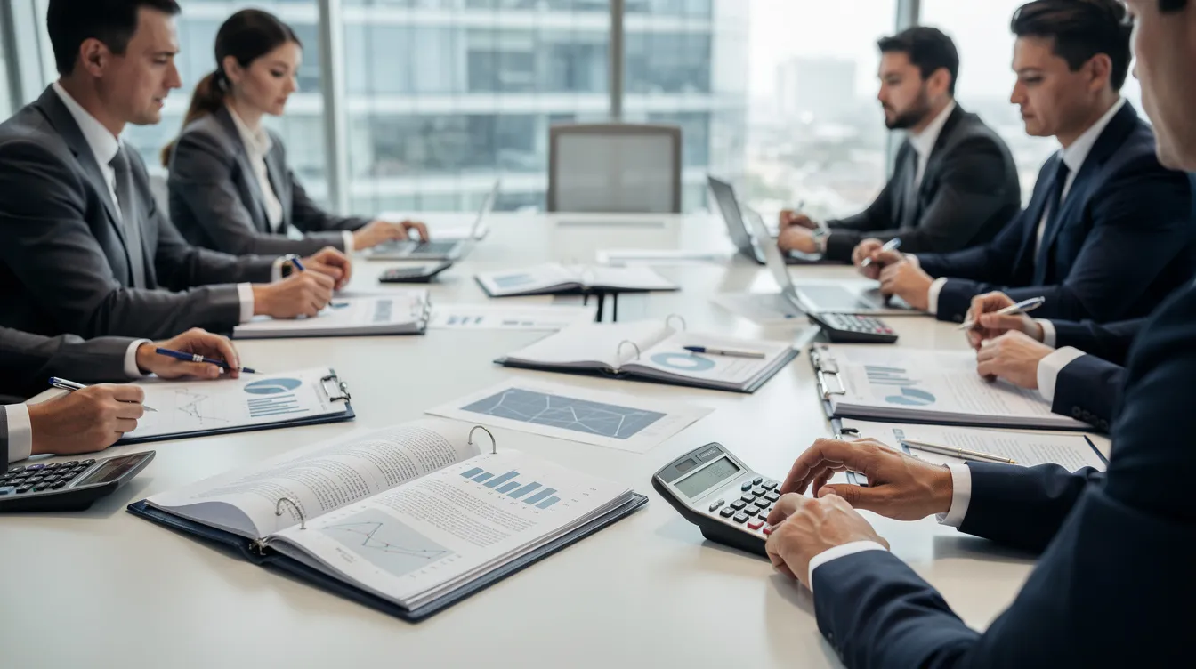 The image depicts a professional meeting in an office setting, where individuals are reviewing documents and using calculators to discuss tax obligations, including tax liability and taxable income. The atmosphere suggests a focus on financial planning, possibly addressing tax settlement processes and strategies to minimize tax burden.