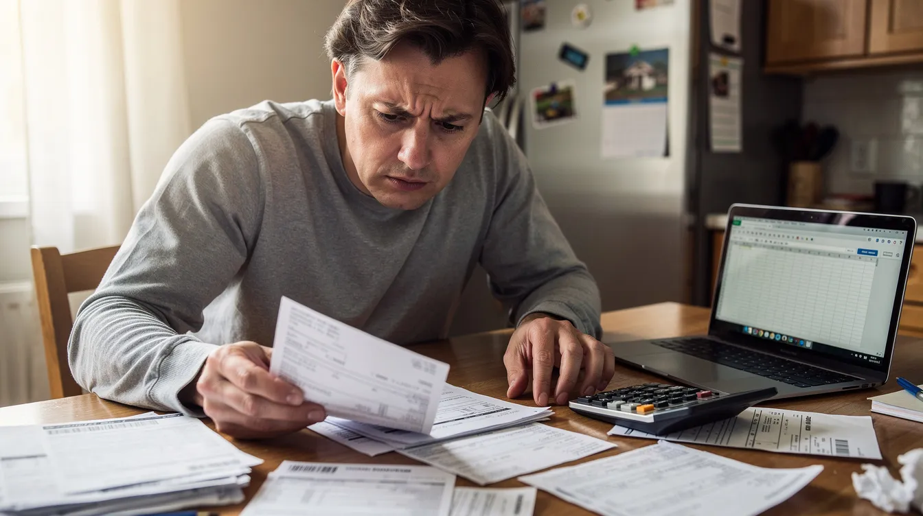 A concerned individual is sitting at a kitchen table, surrounded by financial papers, as they review their tax situation and consider the potential help from tax resolution companies for their unpaid taxes. The atmosphere conveys a sense of urgency and the need for professional help to address their tax issues effectively.