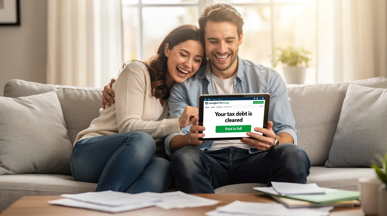 A happy couple is sitting together, reading a tablet that displays information about how Lexington Tax Group helped them clear their tax debt, alleviating their financial hardship. They appear relieved and optimistic about their fresh start, having settled their outstanding tax liability through effective tax relief options.