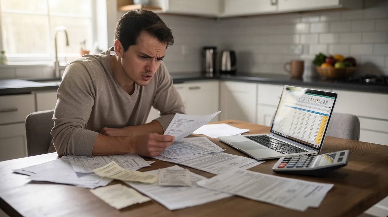 A worried individual sits at a kitchen table, surrounded by financial papers, as they review their tax situation and assess their tax debt. The expression on their face reflects the stress of dealing with potential IRS penalties and the need for tax relief options.