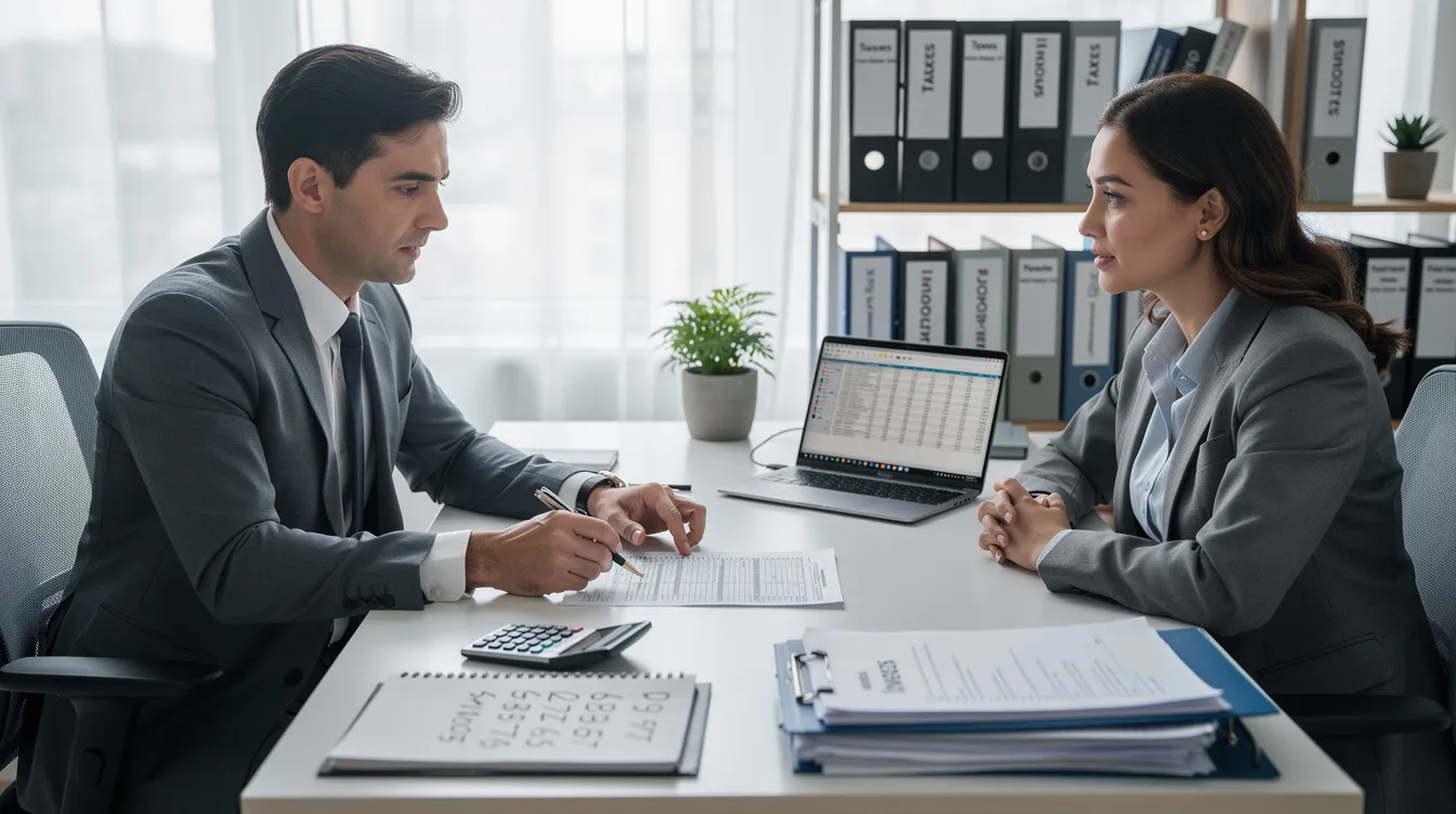 A tax professional is seated at a desk in an office, reviewing tax documents with a client, who appears concerned about their tax situation and potential unpaid taxes. The scene reflects the importance of seeking help from tax resolution specialists to address tax issues and explore options like payment plans or tax relief services.