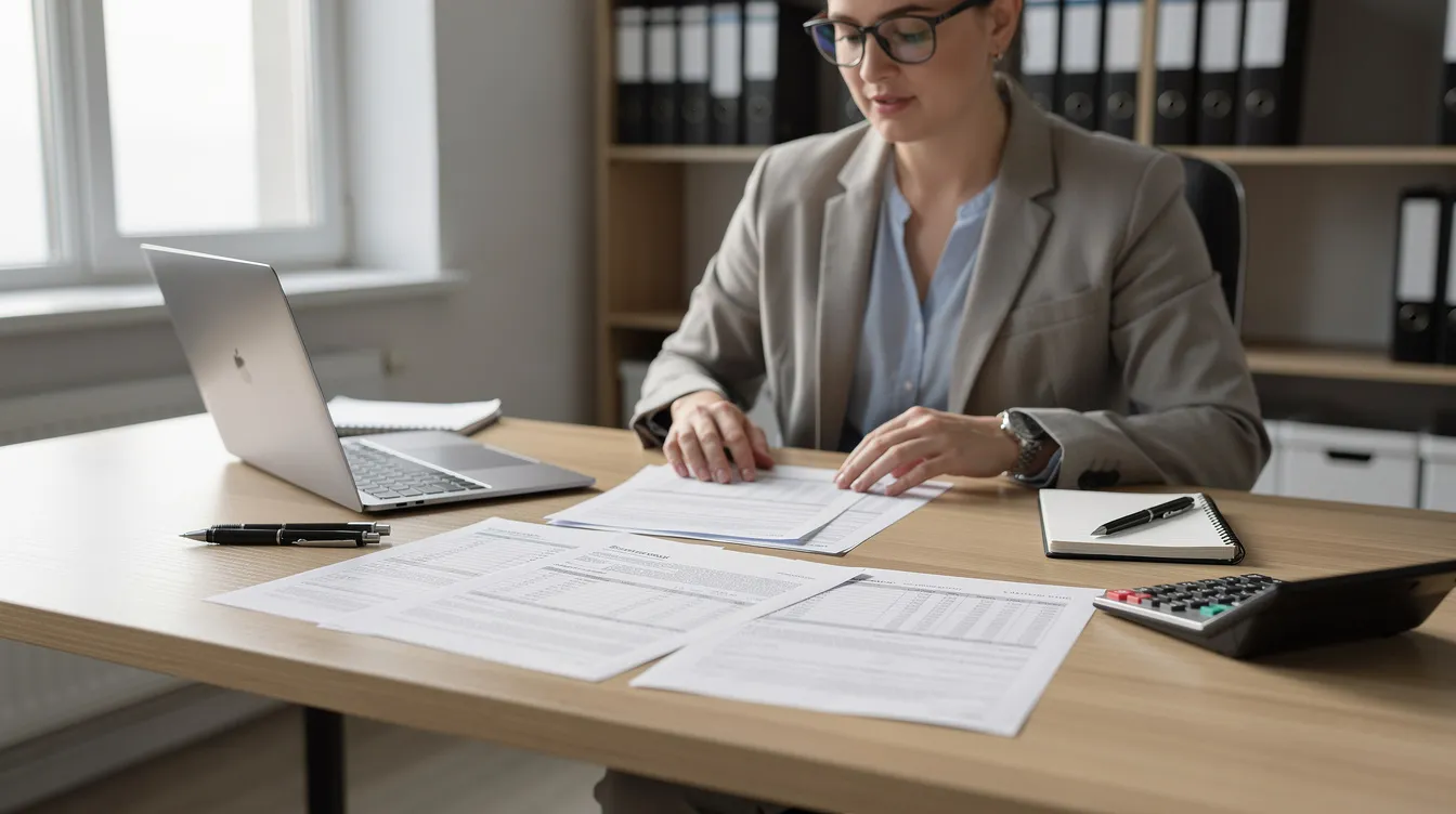 A tax professional is seated at a desk, reviewing documents while using a laptop and a calculator, preparing to assist clients with their tax returns during the busy tax season. The scene highlights the importance of qualified tax professionals in navigating tax laws and regulations.