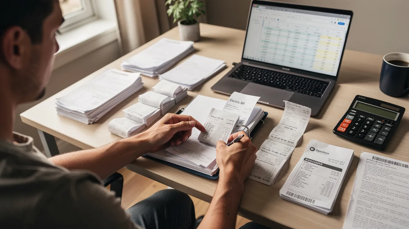 A person is seated at a desk, carefully organizing various receipts and household bills, which may include tax-related documents. This scene suggests a focus on managing financial responsibilities, possibly related to tax debt and the need for tax relief options.