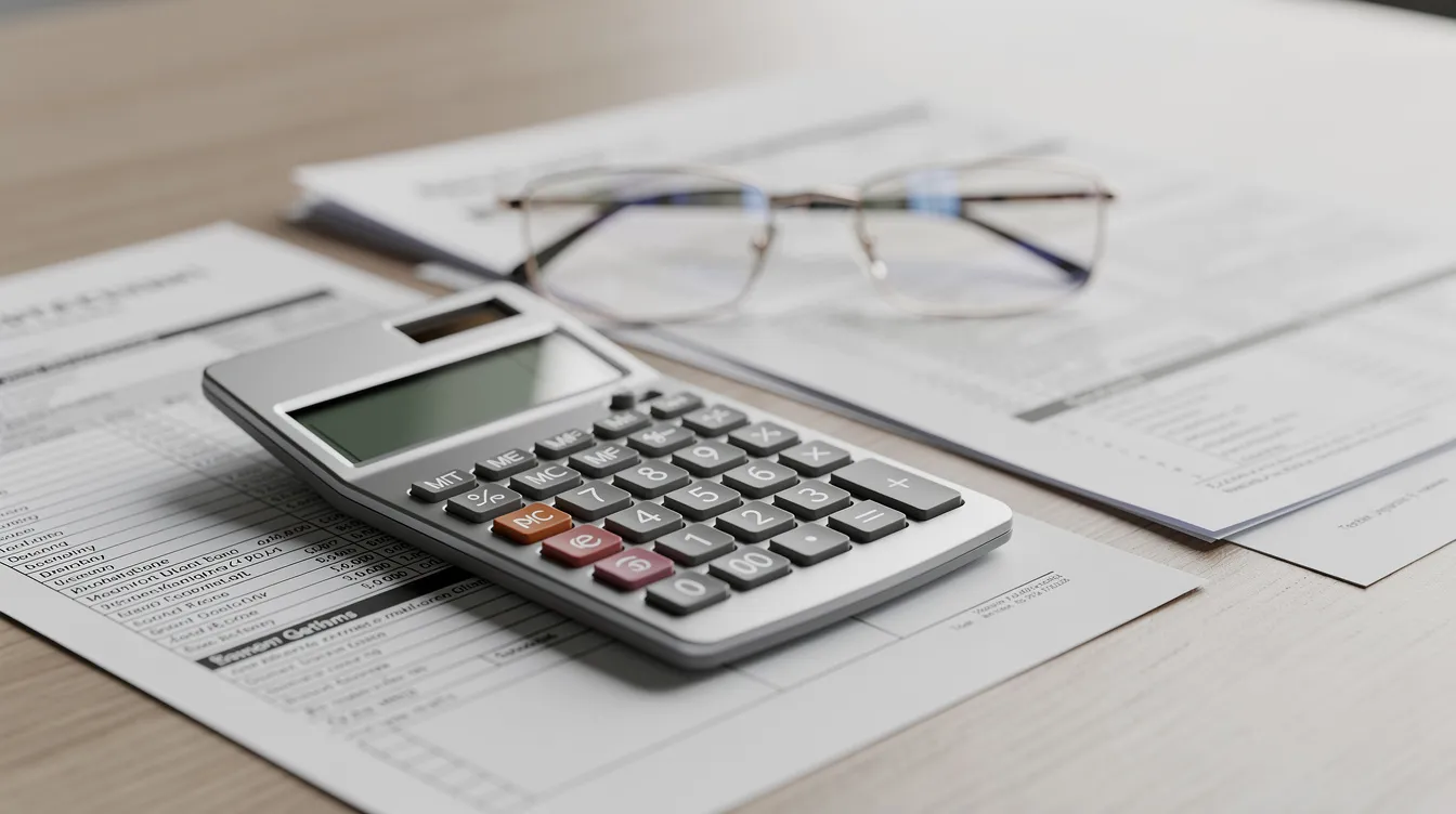 A close-up image of a calculator, tax forms, and a pair of eyeglasses on a desk, suggesting a tax professional's workspace where they might be calculating tax liability or preparing required tax returns. The scene conveys a sense of financial planning and the importance of addressing unpaid taxes and tax debt.