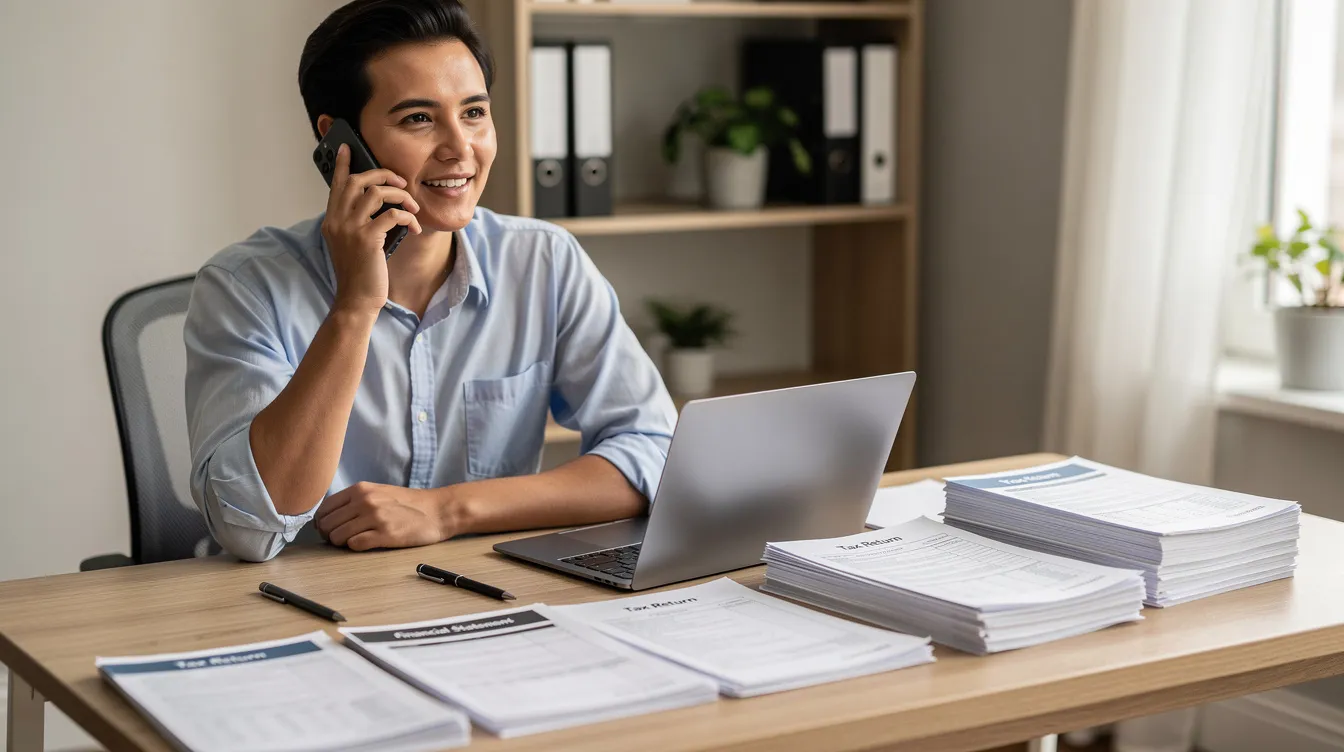 A person is calmly speaking on the phone while sitting next to a neatly organized stack of tax documents, indicating they may be discussing their tax debt or payment options with a tax professional. The setting suggests a focus on resolving tax issues, such as unpaid taxes or an IRS payment plan.