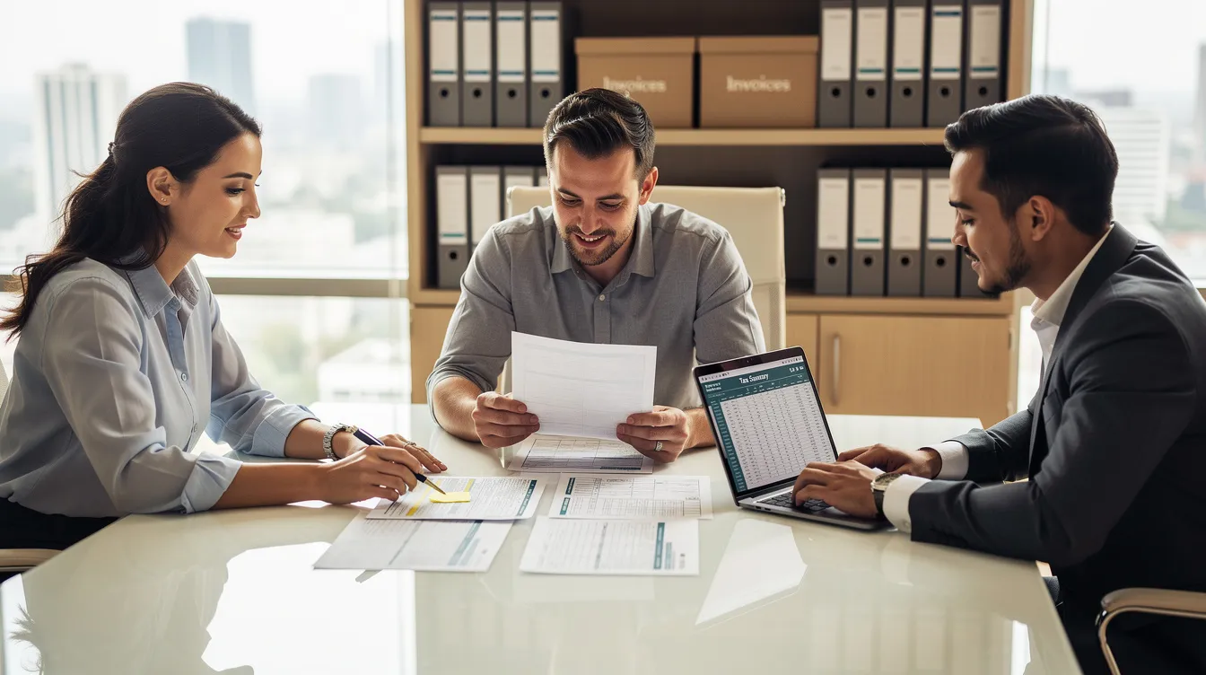 A tax professional and a small business owner are seated at a table, reviewing important documents related to tax matters. The scene emphasizes the collaboration needed to navigate tax law and resolve potential tax issues, highlighting the importance of hiring a good tax attorney for effective representation.