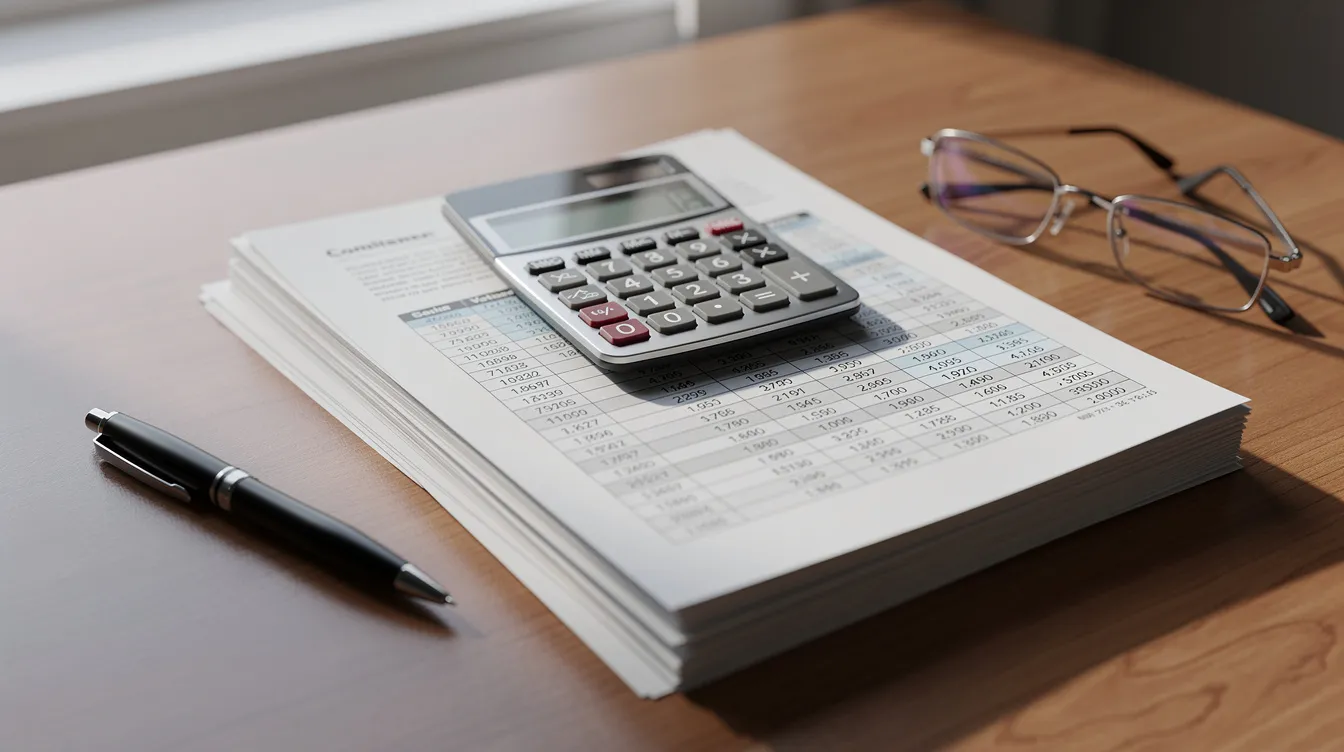 The image shows a calculator resting on a stack of financial documents, accompanied by a pen and a pair of glasses. This scene reflects a typical tax preparation setup, highlighting the importance of organization when dealing with tax issues and seeking potential tax relief options.