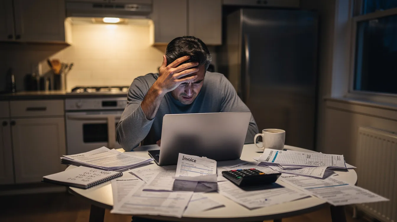 The image depicts a person sitting at a kitchen table, visibly stressed while working on a laptop surrounded by scattered financial documents, likely related to their tax debt and financial hardship. The scene suggests a moment of grappling with tax liabilities and potential options for an offer in compromise to alleviate their financial burden.