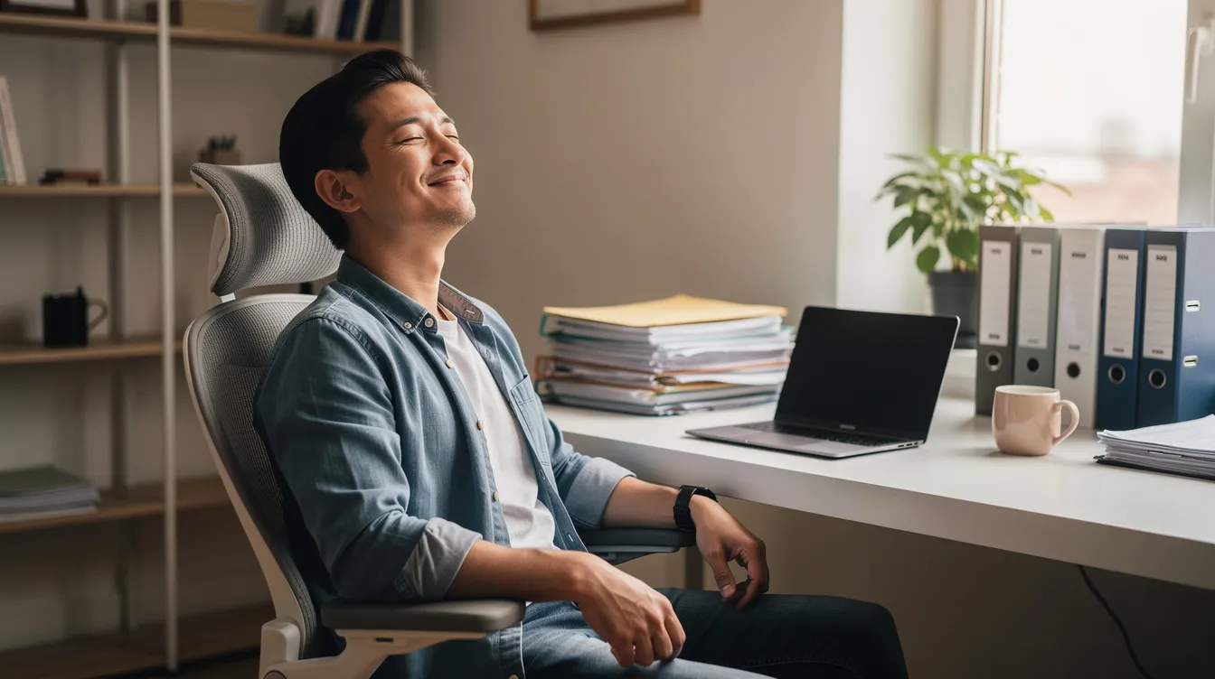 The image shows a relieved person smiling while sitting at a neatly organized home office desk, suggesting a sense of peace and confidence in managing their tax situation. This scene reflects the positive outcome of utilizing tax relief options, possibly with the help of professional tax attorneys or enrolled agents.