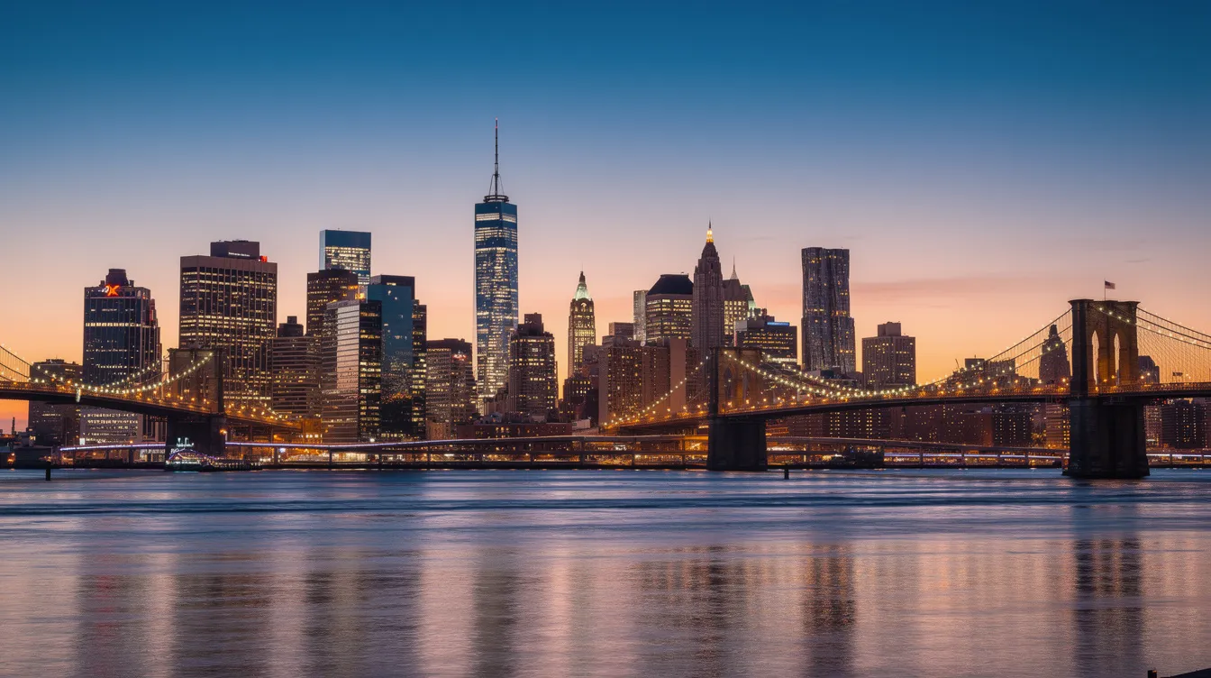 The image showcases the New York City skyline at dusk, with a stunning array of office buildings illuminated against the evening sky and bridges connecting various parts of the city. This vibrant scene reflects the bustling financial hub where tax attorneys and law firms address tax disputes and provide guidance on complex tax law matters.