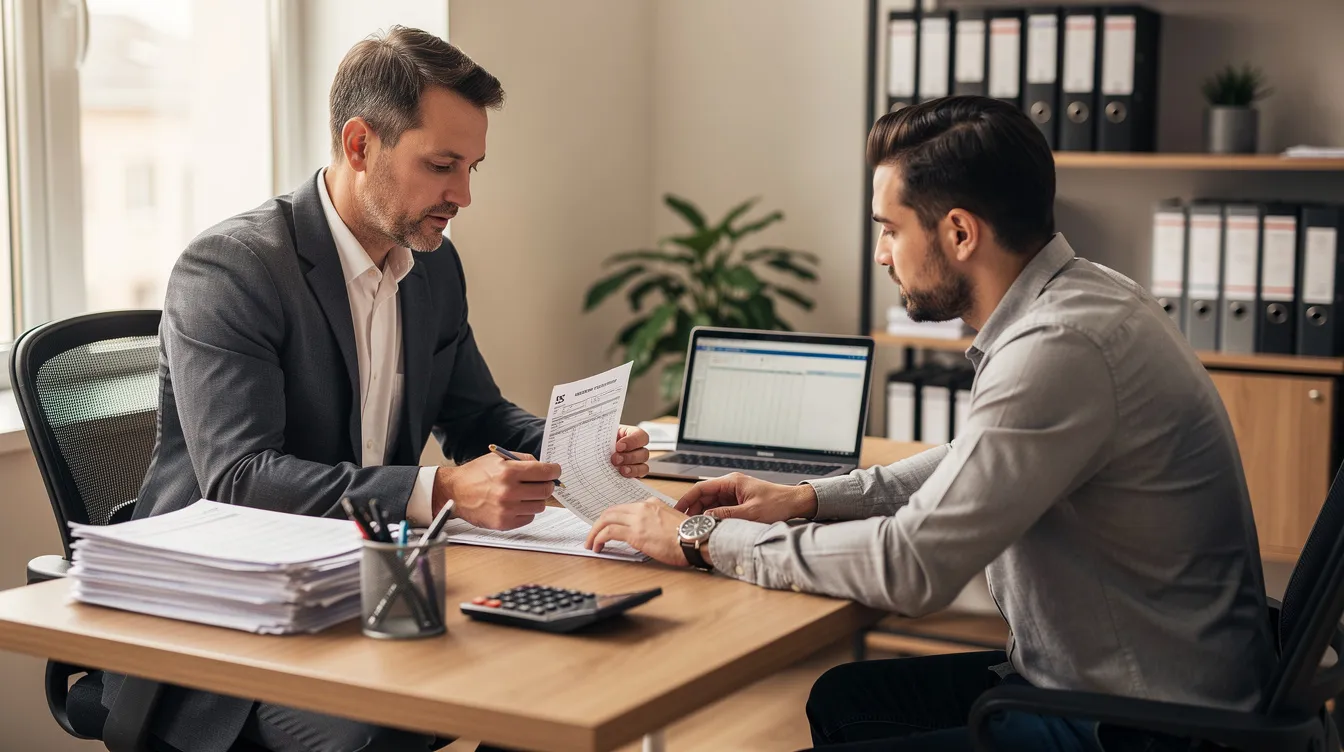 A tax professional is seated at a desk, reviewing documents with a client who appears concerned about their financial hardship related to tax debt. They are discussing legitimate tax relief services and options for settling back taxes while addressing potential scams and how to avoid them.