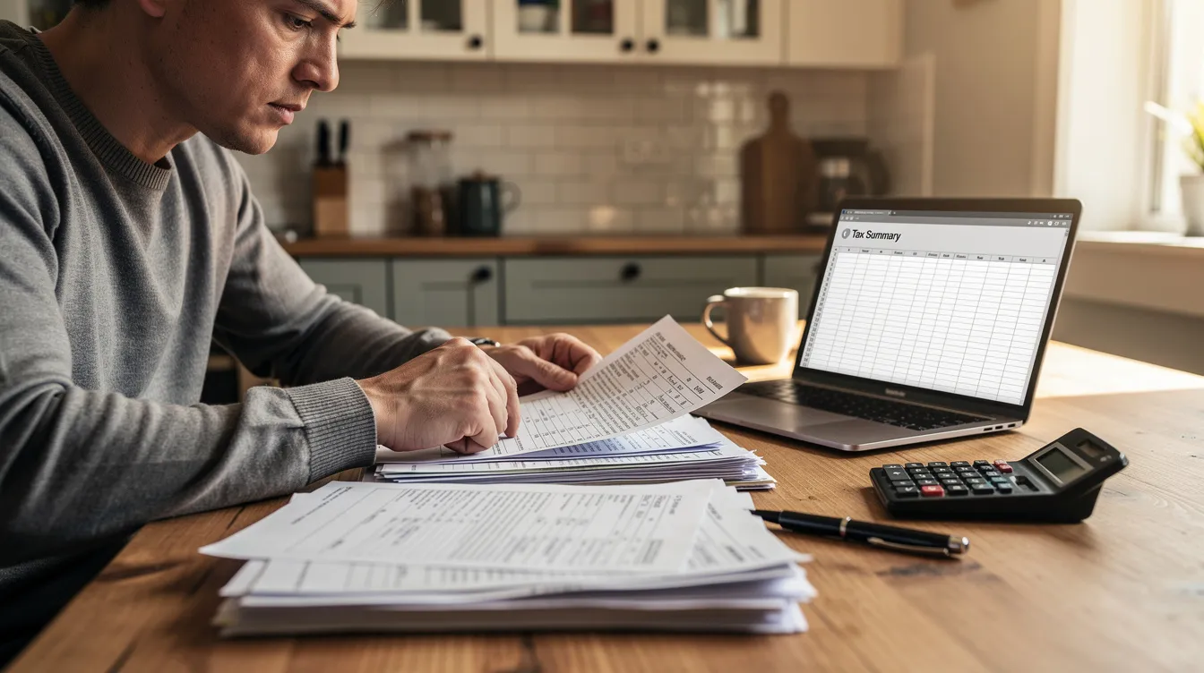A person is sitting at a kitchen table, carefully reviewing tax papers, which may include documents related to taxable income and debt forgiveness. The scene suggests a focus on understanding the tax implications of canceled debt and preparing for their federal tax return.