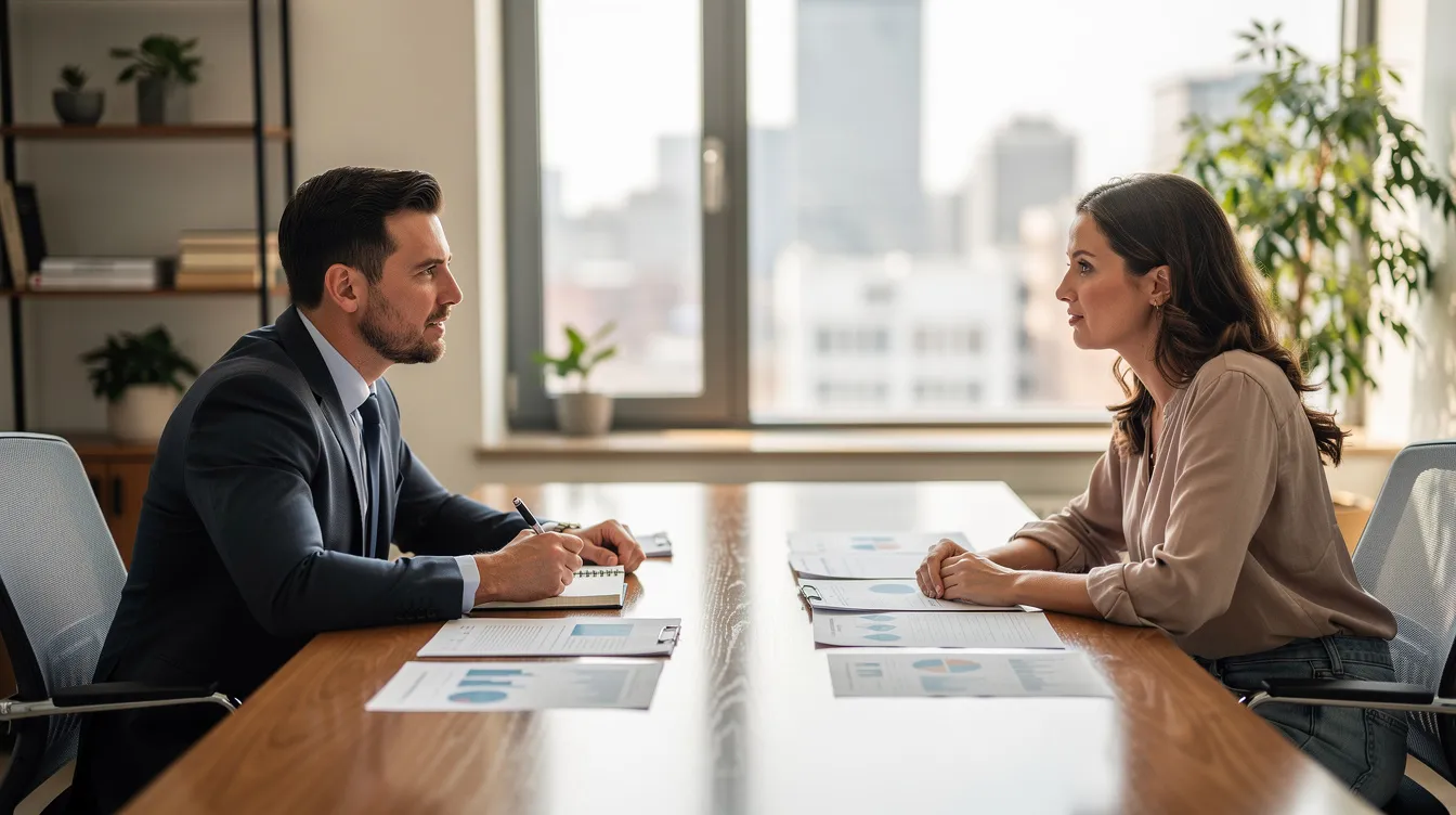 A professional advisor is seated across a desk from a client, discussing various documents related to tax liabilities and potential options for resolving tax debt, including an offer in compromise. The atmosphere is focused and collaborative, with papers and forms spread out to facilitate the conversation.