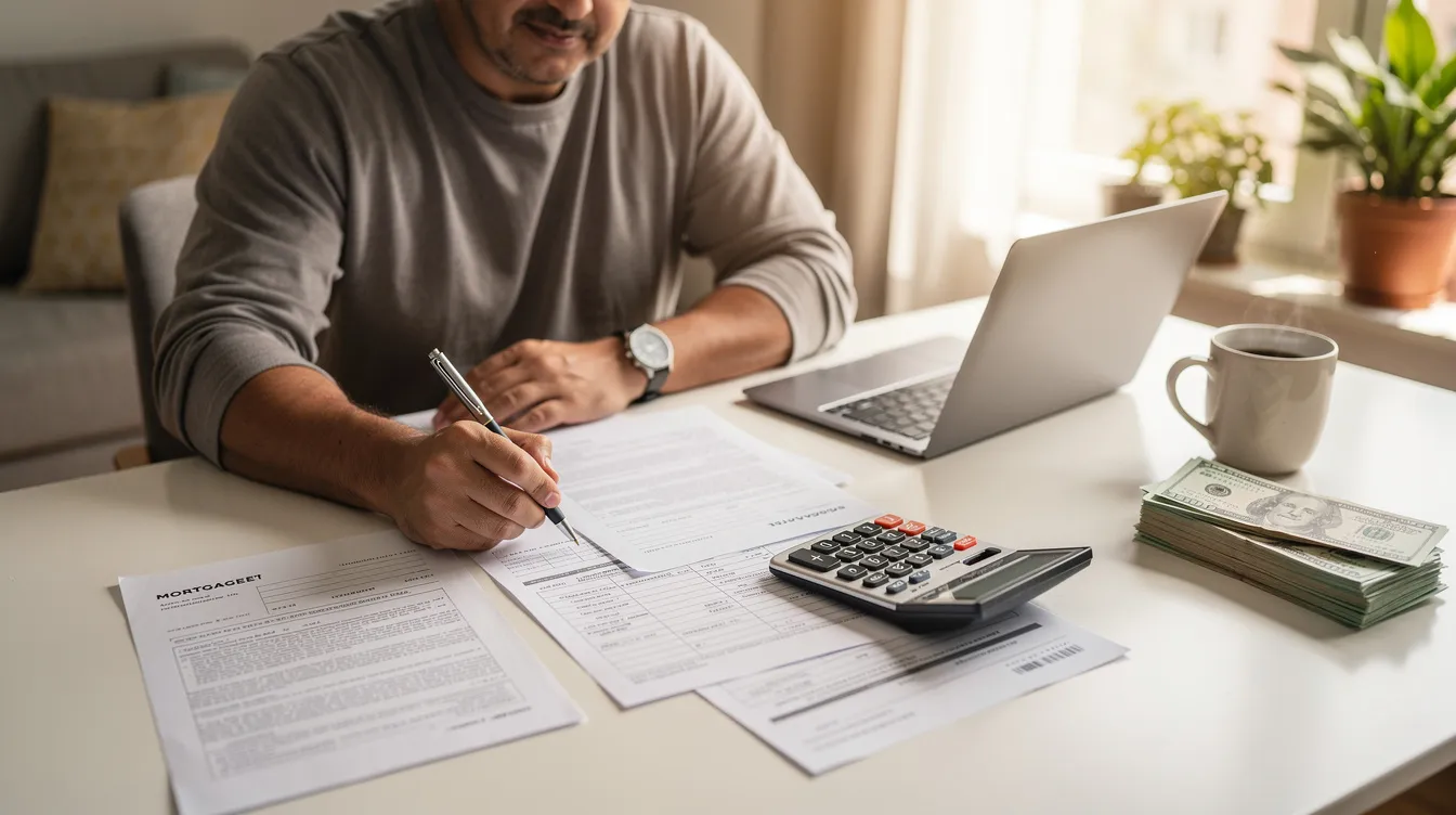 A homeowner is sitting at a table, reviewing mortgage papers while using a calculator to assess their financial situation. This scene reflects the complexities of managing tax debt and the importance of seeking guidance from an experienced tax attorney for potential tax relief options.