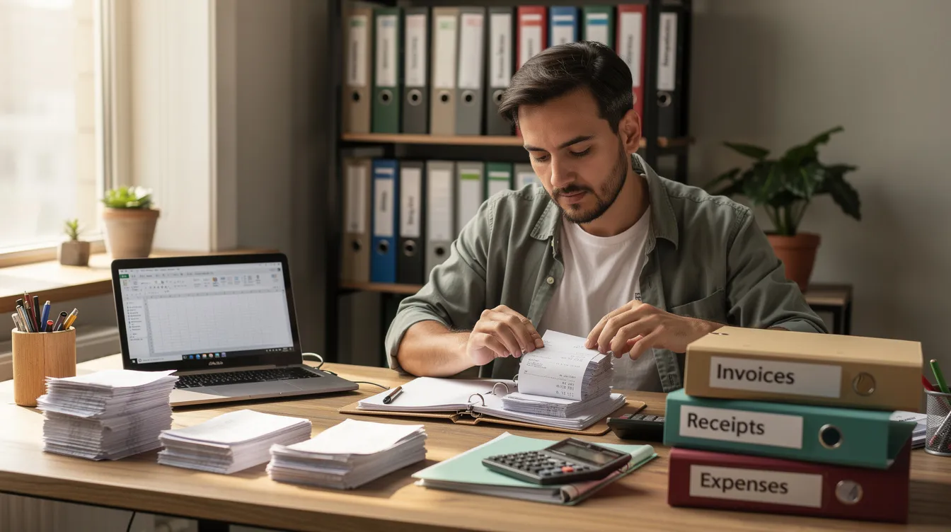 A small business owner is diligently organizing receipts and invoices into folders, ensuring all necessary documentation is in order for tax return preparation. This proactive step helps manage tax liability and simplifies the process of addressing any potential tax problems or issues with unpaid taxes.