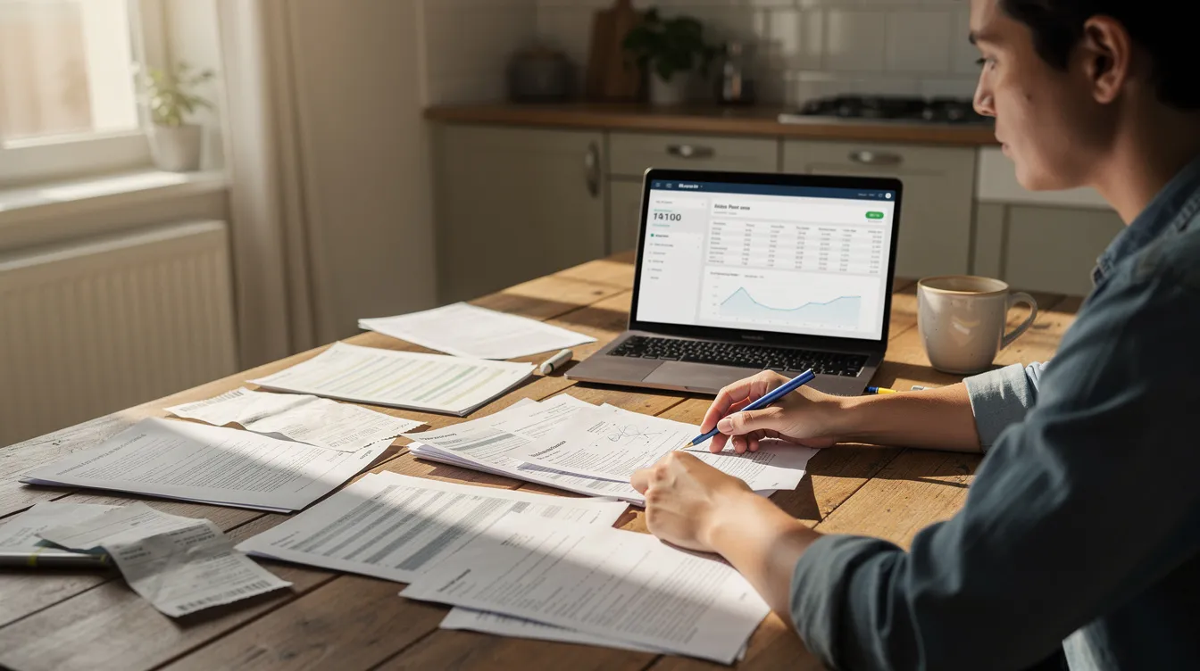 A person is sitting at a kitchen table, carefully reviewing various financial documents, including tax returns and bills, while considering their federal income tax obligations and outstanding debt. The scene conveys a sense of focus on managing finances and understanding taxes owed to avoid penalties and plan for future payments.