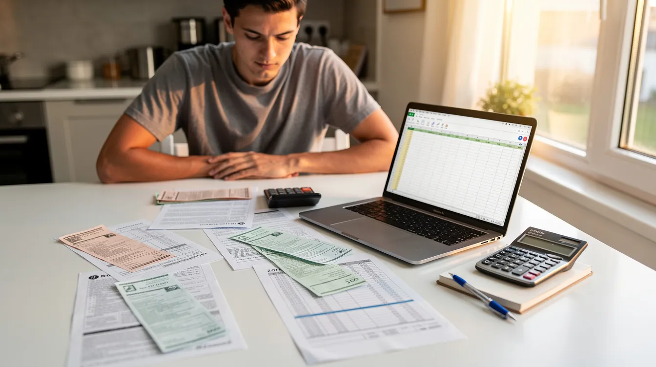 A person is sitting at a kitchen table, surrounded by household financial papers, reviewing documents that likely include tax returns and an unexpected tax bill. The scene reflects a focus on managing tax obligations and financial hardship, possibly considering options like IRS tax forgiveness or payment plans to settle tax debt.