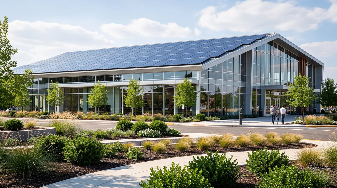 The image shows a modern commercial building featuring solar panels on its roof, surrounded by lush green landscaping, symbolizing energy efficiency and sustainability. This design highlights the potential for tax savings through various incentives available for building owners and businesses looking to improve cash flow and benefit from energy-related tax credits.