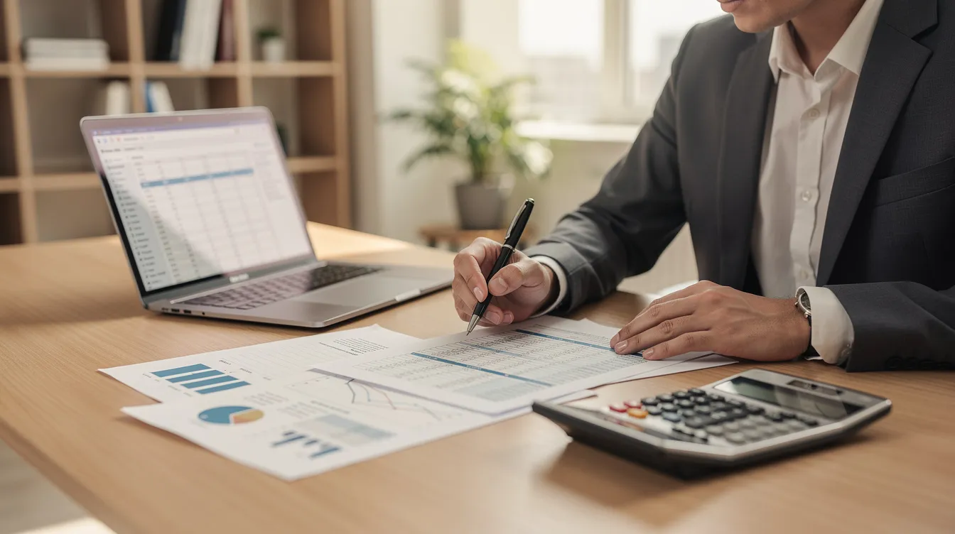 A professional tax attorney is seated at a desk, meticulously reviewing financial documents with a laptop and calculator in front of them. This scene reflects the detailed work involved in tax planning and addressing tax disputes, essential for clients dealing with complex tax issues in New York City.