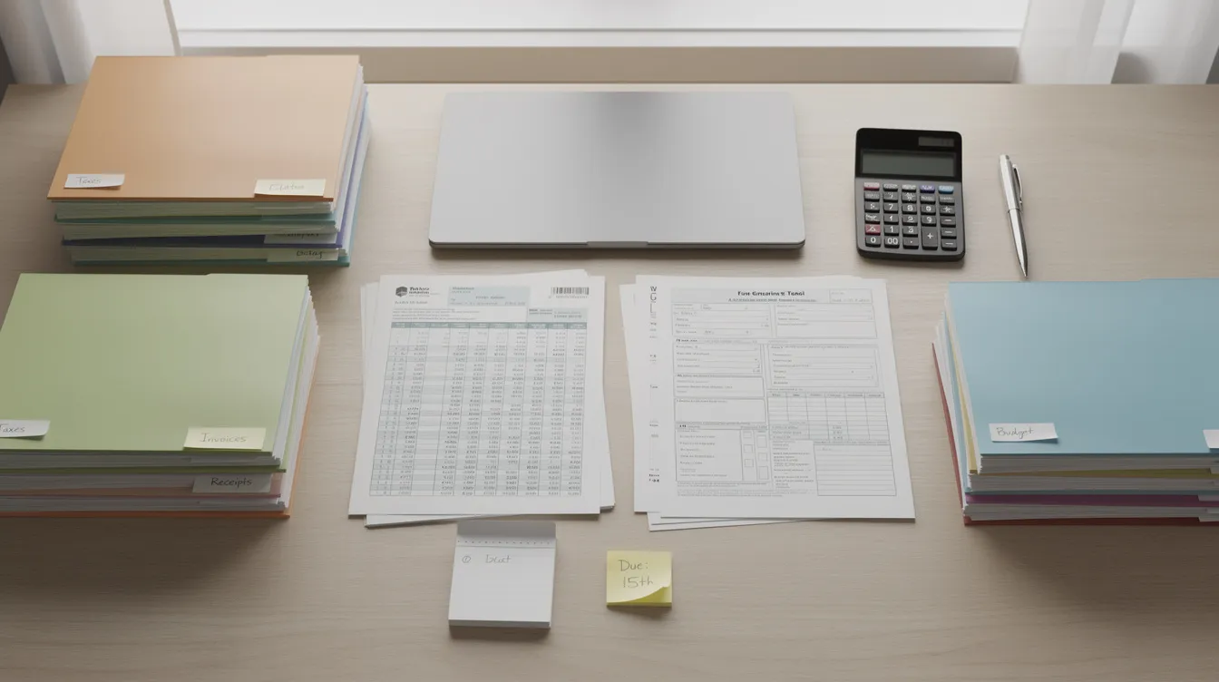 The image depicts an organized desk filled with neatly arranged folders and financial paperwork, suggesting a focus on managing tax issues and documentation. This setup could be beneficial for someone seeking the expertise of a tax attorney to address matters such as tax debt or IRS notices.
