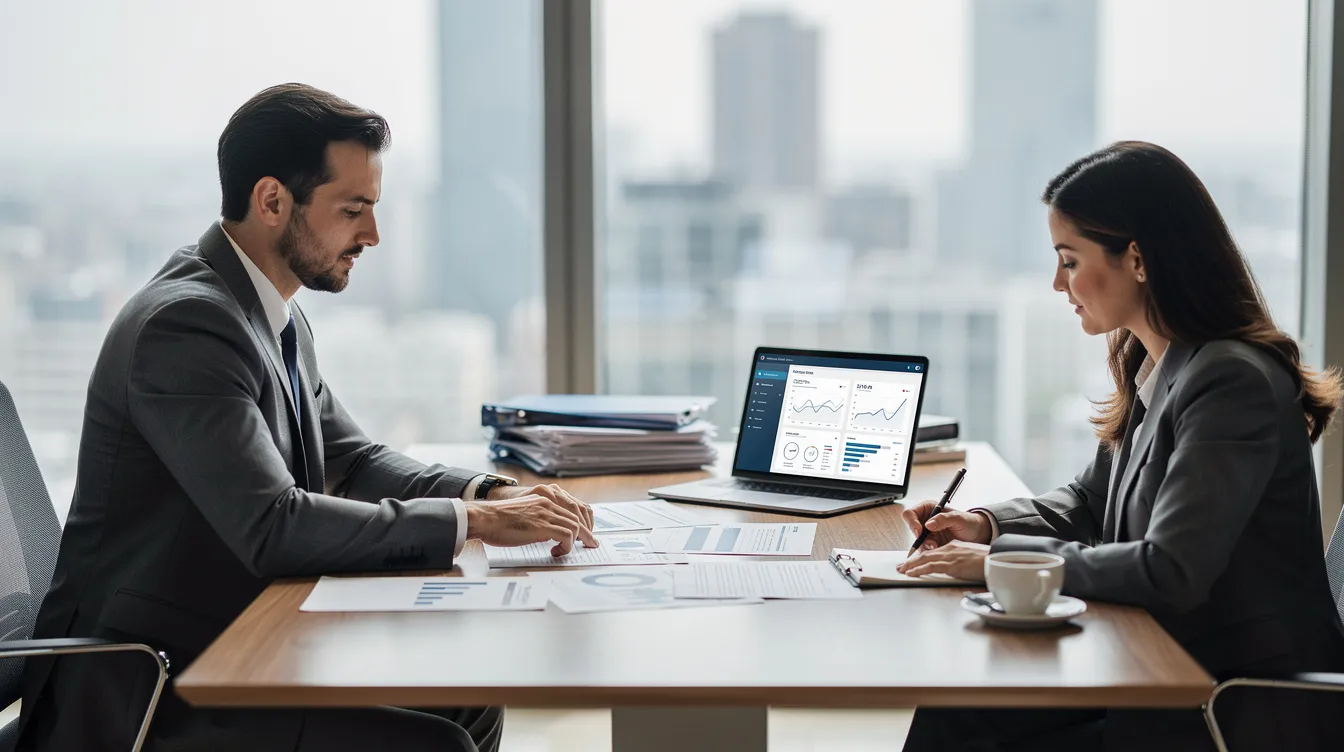 A professional is seated at a desk in an office, reviewing documents with a client, who appears to be discussing their tax liability and options for IRS tax forgiveness. The atmosphere is focused and collaborative, highlighting a serious conversation about settling tax debt and exploring payment plans.